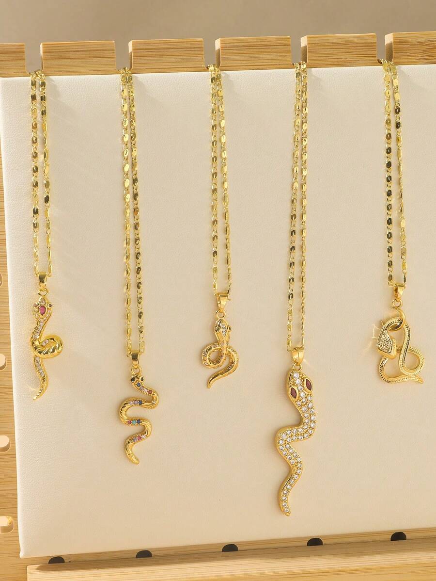 5 件金属蛇形设计方晶锆石吊坠项链套装，优雅简约珠宝系列，适合蛇年 (2025) 庆祝，男女通用 - 金黃色 - 查看 1