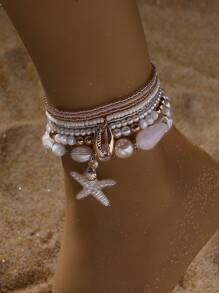 7pcs/Set Bohemian Style Faux Pearl, Starfish & Shell Beaded Multi-Layer Anklet Bracelet Set, Suitable For Women Beach Holiday Casual Wear, Wonderful Holiday Gift - Starfish - View 6