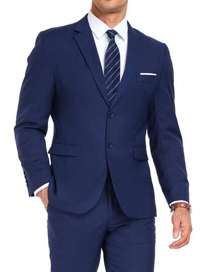 Furuyal 2pcs Men's Suit Blazer Gentleman Solid Jacket Tie Set Long Sleeves Two Button Slim Fit Single Breasted Travel Wedding Party Business Prom Navy Blue Size XS-3XL