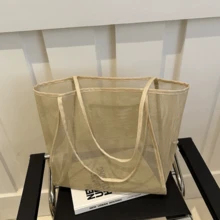 1pc Polyester Mesh Sling Bag - Large Capacity, Multifunctional Rectangular Tote Bag, Outdoor Beach Bag, Beach Fashion, Stylish Design, Travel Accessory - Khaki - View 5