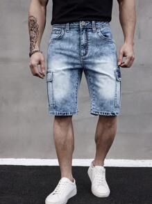 ESDVQ Men's Multi-Pocket Denim Shorts, Elastic Embroidered Cargo Bermuda Shorts Jorts