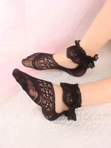 3 Pairs Women's Thin Lace Trim Breathable Elastic Ankle Leg Warmers, Low Vamp Boat Leg Warmers, Kawaii Cute