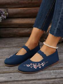 Fall/Winter Women's Embroidered Knitted Flat Casual Shoes, Lightweight Round Toe Wide Fit Comfort Breathable Sneakers, All Season - Royal Blue - View 5