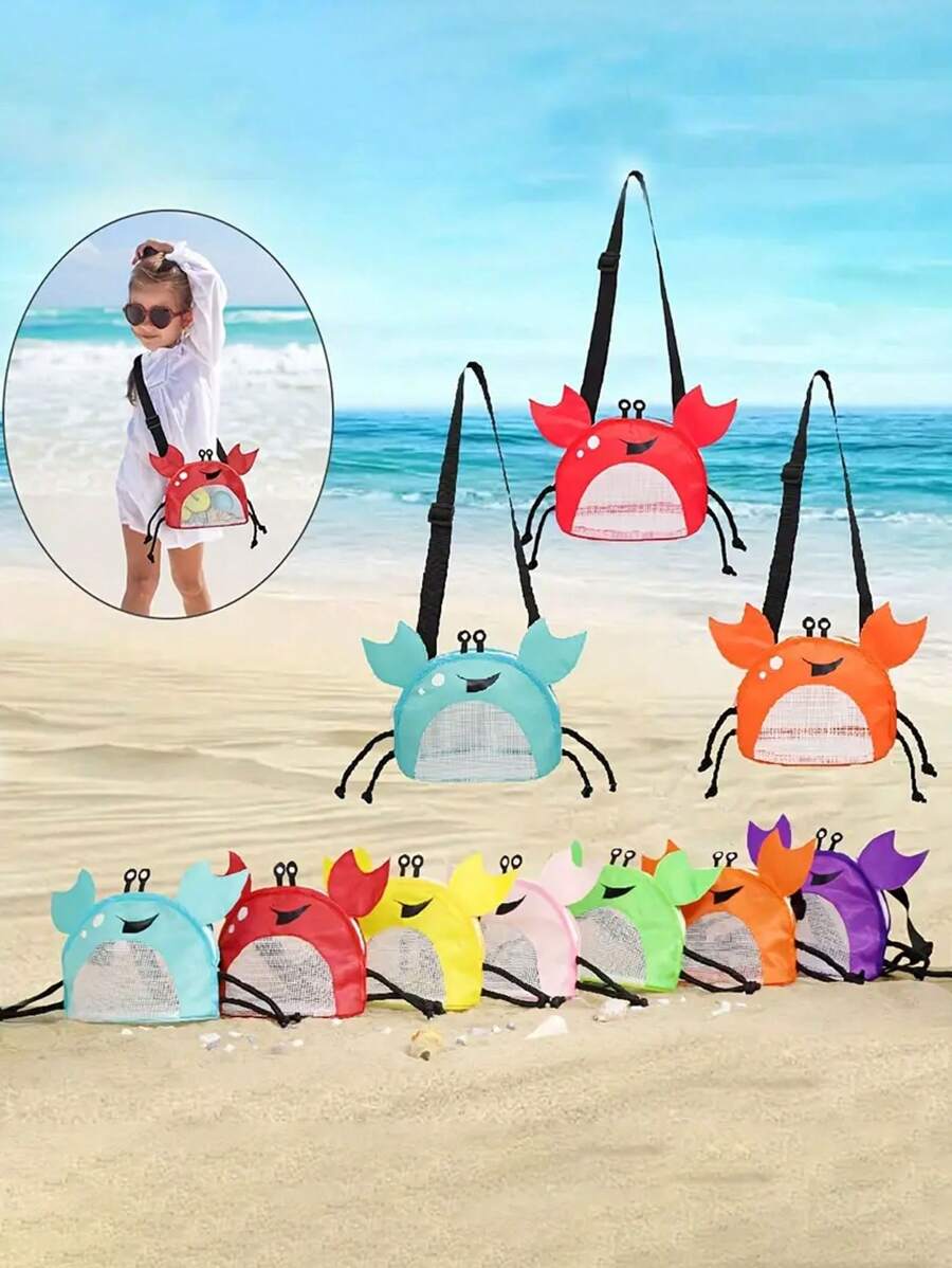 适合年轻人的彩色螃蟹形沙滩包 - 轻便，可折叠，配有可调节肩带、网状口袋、拉链封口 - 螃蟹形沙滩包户外储物袋可爱旅行单肩包螃蟹形背包玩具储物袋