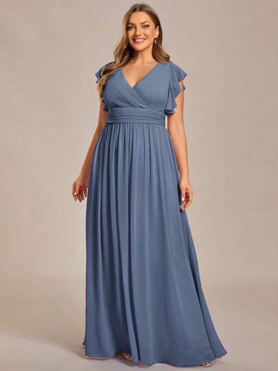 Plus V Neck Plain Backless High Waist Pleated Blue Formal Dresses For Bridesmaid
