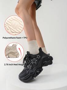 somiliss 1 双 2025 春季新款运动风格防滑女士休闲运动鞋，前系带超纤皮革网眼透气舒适跑步鞋，时尚百搭 7 厘米厚底星形图案户外步行鞋，黑色