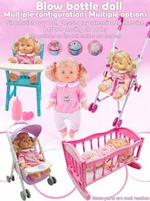 26厘米逼真婴儿娃娃玩具，可喝水和排尿，儿童互动游戏套装，可折叠婴儿车玩具，女孩公主车玩具