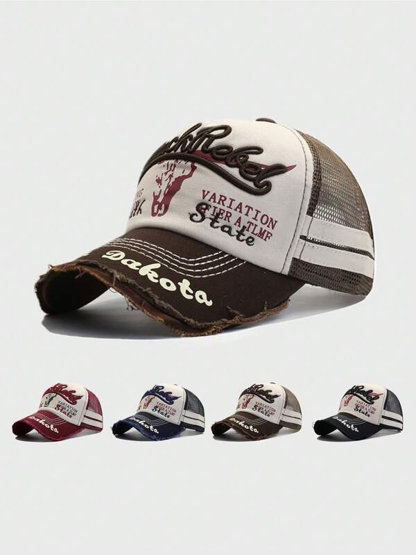 1pc Men's 3D Embroidery Distressed Brim Baseball Cap, Vintage Faux Distressed Mesh Trucker Hat, Fashionable For Outdoor Sports
