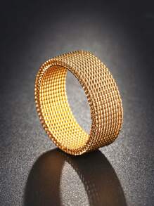 1pc Gold-Color Stainless Steel Flexible Mesh Ring - Yellow Gold - View 1
