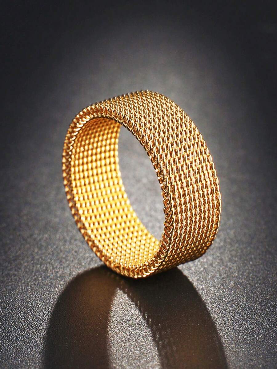 1pc Gold-Color Stainless Steel Flexible Mesh Ring - Yellow Gold - View 1