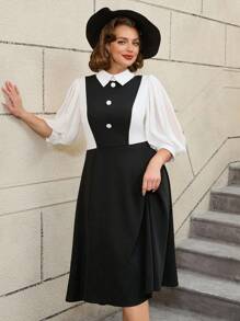 AOMEI Vintage Style Plus Size Dresses A Line Black White Color Block Lantern Sleeves Button Peter Pan Collar - Black - View 2