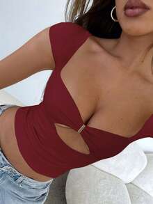 Blusa de mujer Vaiaye de punto con cuello cuadrado, recorte en forma de diamante, cintura ceñida y silueta esbelta - Perfecta para citas navideñas