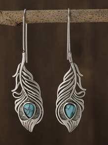 1 paire de boucles d'oreilles rétro créatives en forme de plume avec turquoise pour femmes
