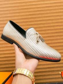 Men's Pointed Toe Formal Party Fringe Leather Loafers - Gold - View 11