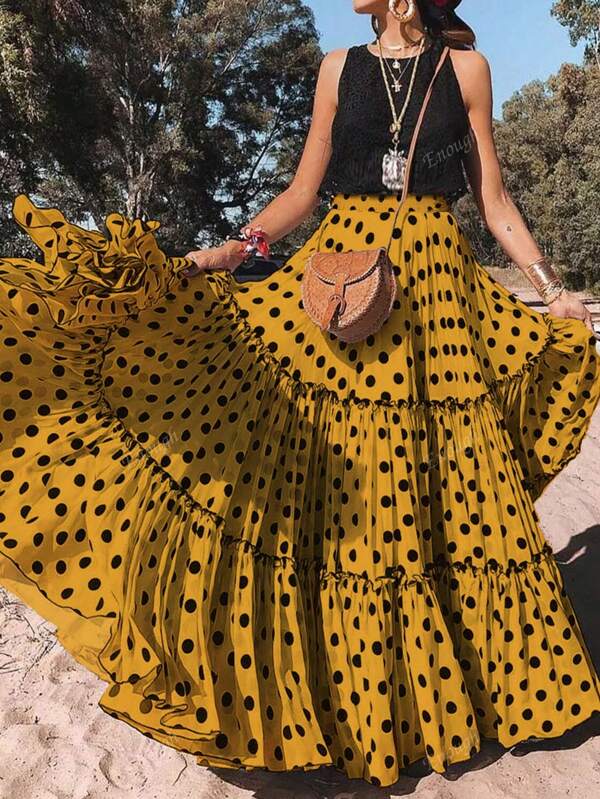 Vacation Outfits Woman Fashionable Elegant Vacation Romantic Layered Clashing Polka Dot Wooden Ear Trim Women's Halter Skirt