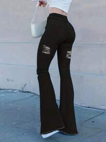 Ripped Raw Hem Flare Leg Jeans,Ladies Button,Pocket,Raw Hem,Ripped,Zipper High Waist Flare Leg Extra Long Black Regular Fit Women Jeans,Spring/Fall,Casual Daily Wear - màu đen - Xem 5