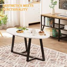 Coffee Table White Faux Marble Coffee Table For Living Room,Oval Modern Center Table Tea Table For Small Space,Wooden Living Room Tables End Table With Sturdy Black Metal Leg - Black - View 2