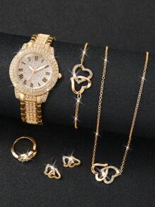 6 pièces/set Montre-bracelet à quartz analogique en acier inoxydable avec cristaux incrustés pour femmes + accessoires de bijoux en forme de cœur