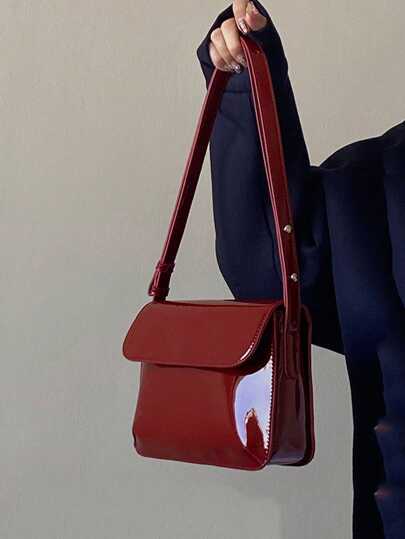 New Fashion Versatile Lacquered Leather Glossy Simple Chic Shoulder Crossbody Square Bag For Shopping Or Date, Fashionable Burgundy Bag