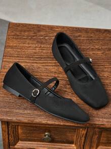 Women's Square Toe Black Slip-On Shoes, Casual Versatile Office Flats For Outdoor Wear, Spring & Autumn, Elegant Ballet Flat - 黑色 - 查看 2
