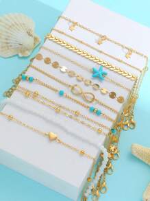 10pcs Fashionable & Elegant Vintage Design Minimalist Heart, Star, Tassel, Starfish, Green Turquoise Bead, Round Bead, Infinity, Plane Chain Anklet & Bracelet Jewelry Set, Great For Holiday, Party, Date, Gift, Daily Wear - Yellow Gold - View 5