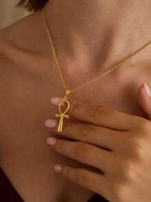 18K埃及十字架项链，黄金安卡项链，男女皆宜的不锈钢古埃及珠宝，生命象征项链，送给亲朋好友的珠宝礼物 - 金色 - 查看 2