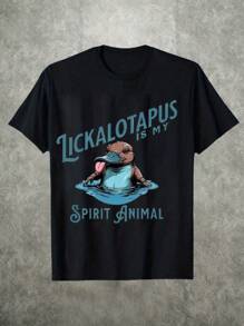 (220G Pure Cotton T-Shirt) 1Pc Men's Round Neck Short Sleeved Casual Pure Cotton Print Tee Lickalotapus Graphic And Text "Lickalotapus Is My Spirit Animal", Showcasing A Quirky Sense Of Self - 黑色 - 查看 1