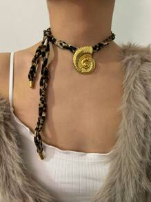 1 件时尚高端豹纹系列女士不锈钢吊坠项链，海星，贝壳，海胆，火焰形状吊坠设计，极简主义夸张金属风格项链 - 金色 - 查看 14