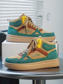 Męskie codzienne, kontrastowe, patchworkowe, nadrukowane litery z przodu, sznurowane, wysokie, płaskie trampki, modne, lekkie, sportowe buty na platformie zwiększające wysokość