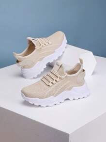 1 Pair Unisex Mesh Breathable Lace-Up Design Trainers, Suitable For Outdoor Sports For Teenagers, Summer