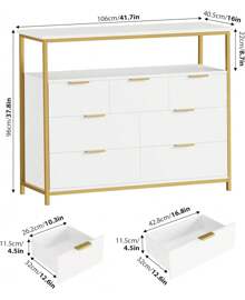 Cómoda moderna de 7 cajones, cómoda blanca con tiradores de metal, cómoda blanca y dorada, cómoda alta con cajones, organizador de almacenamiento de gran capacidad para la sala de estar, entrada, color blanco. - Blanco - Ver 11