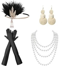 6pcs 1920s Single Party Costume Headband, Earrings, Necklace, Gloves 4-Piece Set, Masquerade Ball Accessories, Easter Party Outfit - Gold - View 2