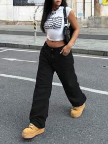 Jeans in denim a gamba ampia, colore solido, effetto lavato, per uso casual quotidiano da donna