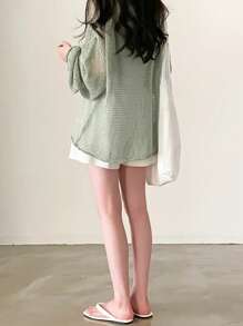 Casual Solid Color Round Neck Long Sleeve Loose Knit Sweater - Mint Green - View 2