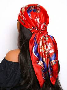 1 Pc Women 90cm Square Satin Scarf With Elegant Floral Print, Fashion Bandana Suitable For Casual And Street Styling As Scarf, Headband, Hair Accessory - Multicolor - View 9