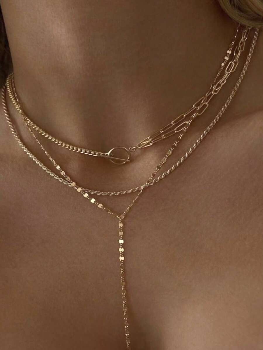 Shescity 3pcs/Set Minimalist High-End Tassel Y-Shaped Collarbone Chain Necklace Set For Women - Yellow Gold - View 1