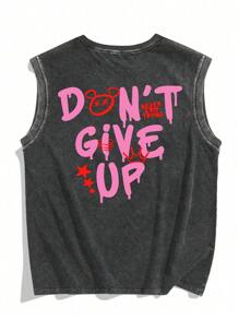 Hemo, Men's Casual Washed Vintage Letter Print Round Neck Tank Top - Black - View 1