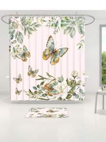 1pc/4pcs Floral Plant & Butterfly Functional Bathroom Decor Set, Includes Waterproof Shower Curtain With 12 Hooks, Anti-Slip Mat, U-Shaped Toilet Mat And Round Toilet Lid Cover, Suitable For All Bathroom Scenes