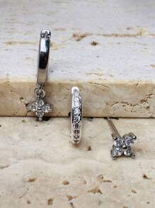 三件套耳环，精致小巧，多孔设计，可爱立方氧化锆花朵造型，14K金材质，轻盈低敏，适合耳骨穿孔，女士饰品 - 銀色 - 查看 6