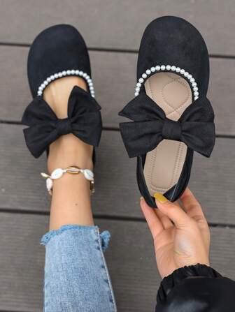 Women's Spring/Autumn New Bow & Pearl Decor Metal Buckle Sandals, Goddess Vacation Style, Suitable For Mom, Vacation, Casual, Beach, Work, Party, Travel, Outdoor, Shopping, Flat Shoes