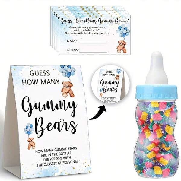 52pcs Baby Shower Game Set Includes 50 Riddle Cards, 1 Baby Bottle, 1 Gender Reveal Stand, For Baby Shower Party Decorations And Fun Games