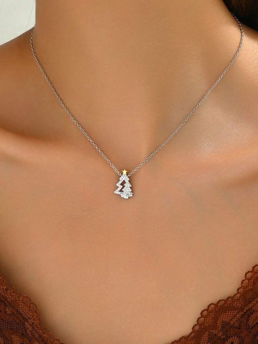 1 件法国方晶锆石简约圣诞树吊坠项链，精致优雅的女性礼物 - 樹項鍊 - 查看 1