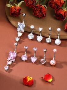 5pcs 14G 316L Stainless Steel Cubic Zirconia Navel Rings, Cute Everyday Elegant Women Belly Button Piercing Jewelry Set, 10mm Bar Length, Pink/White - Style 1 - View 1