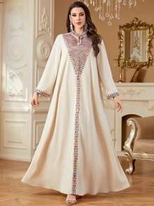 Elegant Embroidered Loose Arab Style Casual Dress - Apricot - View 3