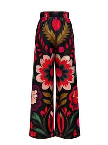 女士休闲宽松花卉印花长裤，春夏度假高腰泳衣 - 紅色 - 查看 3