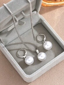 Conjunto de joyería vintage de 2 piezas, un sencillo y elegante collar y un juego de aretes con colgante de perla artificial, para mujer, color dorado, regalo para el Día de San Valentín, mamá, madre, Día de la Madre