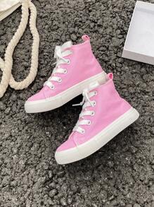 OPOEE White Canvas Shoes Baby Sneakers Mid Cut Casual Shoes Children Lace Up Vulcanized Shoes Spring Autumn Korean Style Minimalist Boys Girls Classic High Top Canvas Shoes Unisex Kids Skateboard Sneakers - Baby Pink - View 6