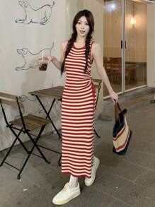 Ins Style Women Drawstring Crew Neck Sleeveless Long Casual Sweater Dress