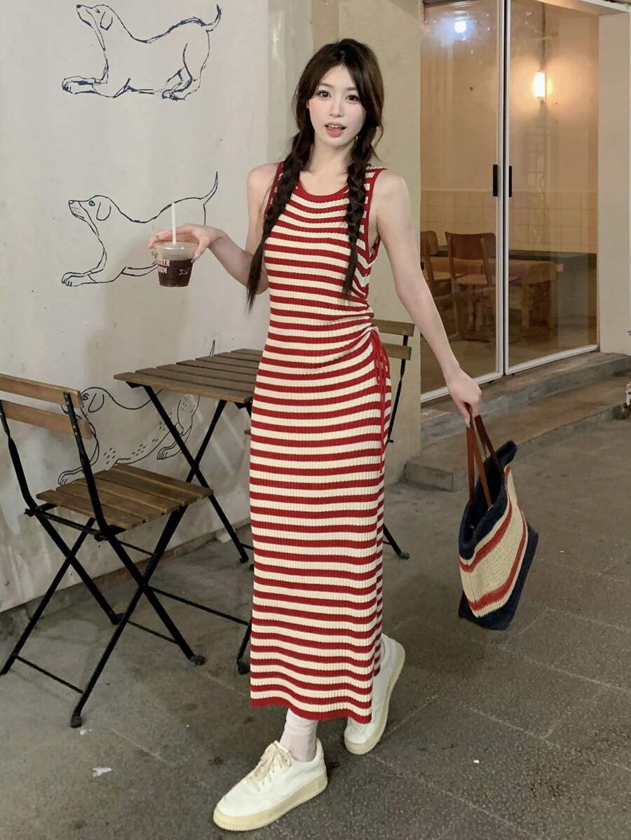 Ins Style Women Drawstring Crew Neck Sleeveless Long Casual Sweater Dress