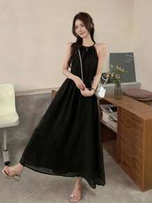 夏季女士独特设计吊带连衣裙，新款娇小长款派对连衣裙黑色 - 黑色 - 查看 3